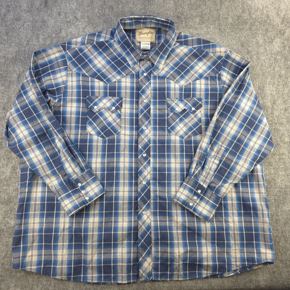 Wrangler Other - Wrangler Pearl Snap Shirt 3XLB Blue Plaid Long Sleeve Pockets Lightweight Cowboy